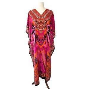 Vtg Winlar Satin Caftan Tropical Abstract Muu Muu Maxi Dress Mrs Roper 1X Beach